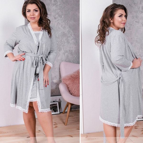 

autumn winter plus size robe set lace patchwork sleepwear dress 2019 two-pieces sashes bath nightdress, Black;red
