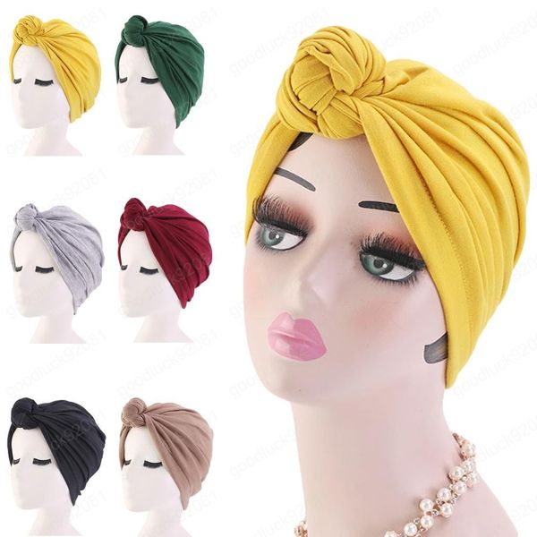 Indien Hut Motorhaube Frauen Stretch Kappe Chemo Kappe Kopftuch Muslimischen Knoten Haarausfall Hut Islamischen Arabischen Falten Hut Beanies Skullies kappe