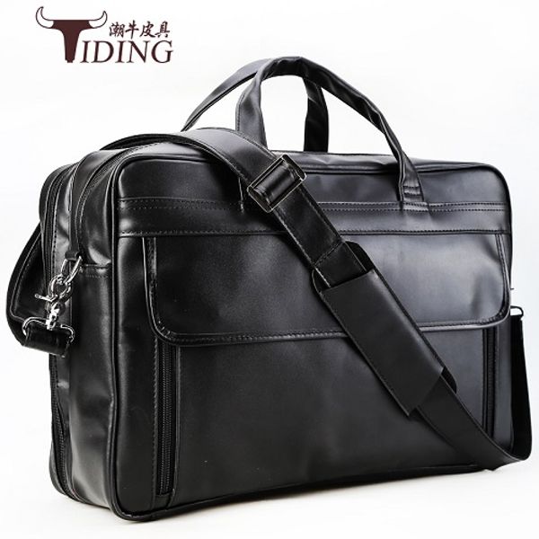 

men briefcase bags fashion multi-function genuine leather black brand 17" laptotravel bag men's leather duffle bag large tote