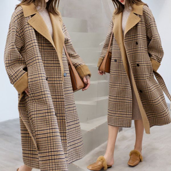 

new europe style winter wool coat women large size long sleeve hepburn autumn loose long woolen coat outwear casaco feminino, Black