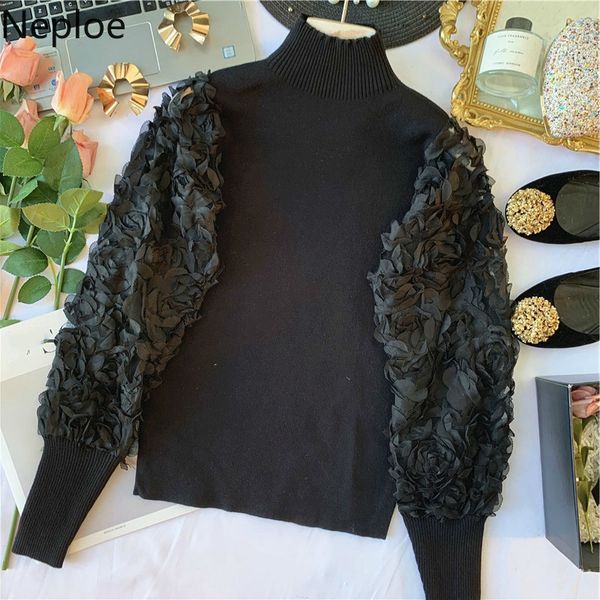 

ewq] 2012 spring new sweet knitted products women 3d flower petal mesh lateral casing patchwork knitted sweaters qz144, White;black