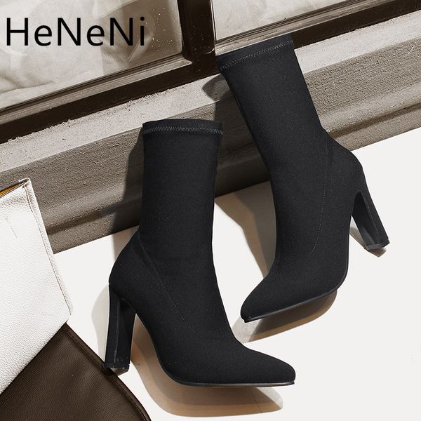 

spring women's boots pointed toe yarn stretch fabric ankle boots thick heel high heels shoes woman female socks 32-43, Black