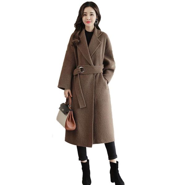 

women 2018 new autumn winter long woolen coat female thickening warm wool cashmere coat lady casual vintage jacket overcoat v137, Black