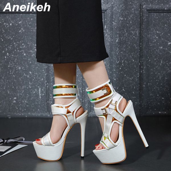 

aneikeh sequins rome pu platform pumps shoes woman fetish shoes high heel open toe stripper pumps party thin heels white, Black
