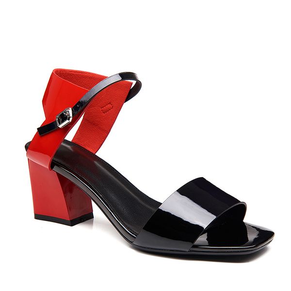 

wetkiss 2020 latest design fashion dress shoes glossy patent leather sandals ankle wrap block heels sandals women summer sandals, Black