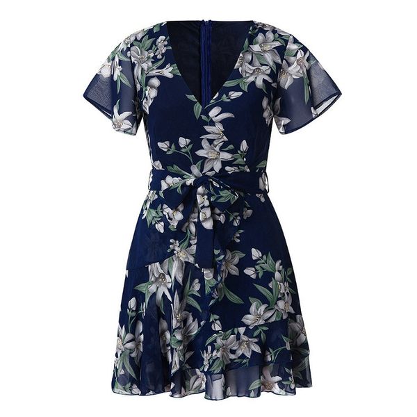 

summer fashion women's chiffon v-neck floral print short sleeve party holiday beach mini beach dress tri-color white black s-xl, Black;gray