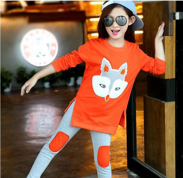 

children's clothing spring and autumn new cotton towel embroidered fox two-piece girl suit pink orange size 110-160, White