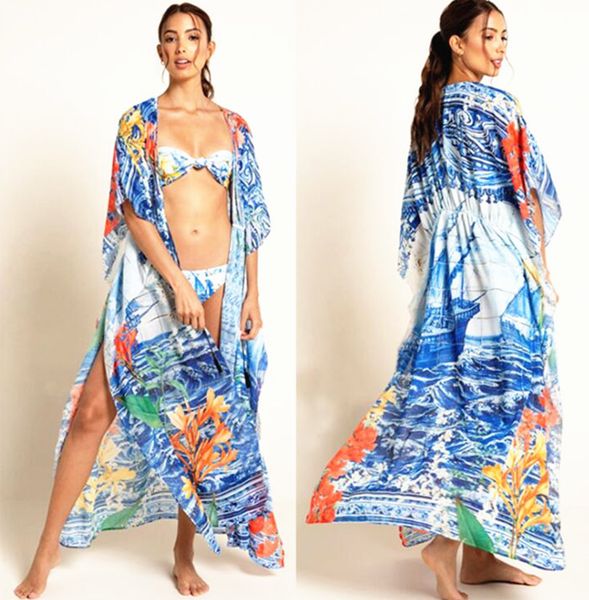 

blue boho printed bikini cover-ups long kimono cardigan cotton tunic plus size women summer beach wear swim suit cover up
