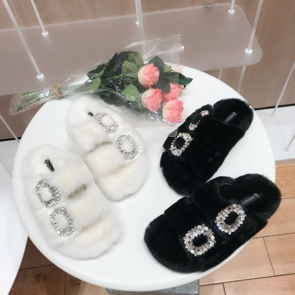 

square crystal glitter slip on hair slippers indoor creepers plush winter luxury slides woman two-belt comfort flip flops, Black