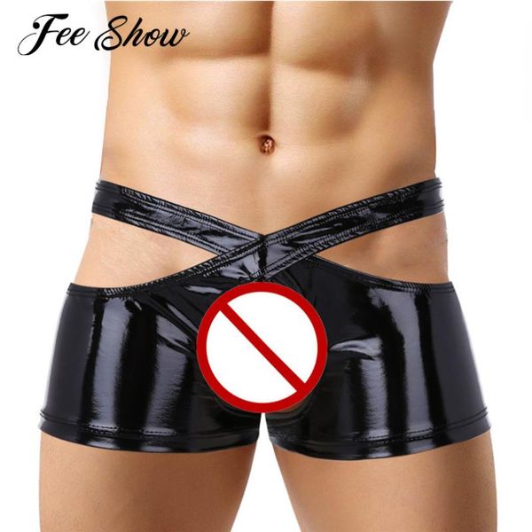 

underpants black gay mens lingerie low rise boxer sissy wetlook faux leather open crotch underwear two symmetrical halves panties set, Black;white