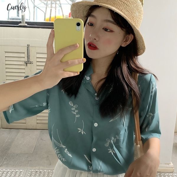 

womens clothing 2020 womens casual loose turn down collar leaves printed short sleeve single breasted chiffon blouse, White