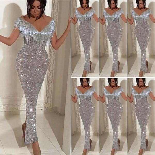 

2019 женщины с плеча v-образным вырезом без рукавов bodycon вечерний новый стиль партии длинное платье, Black;gray