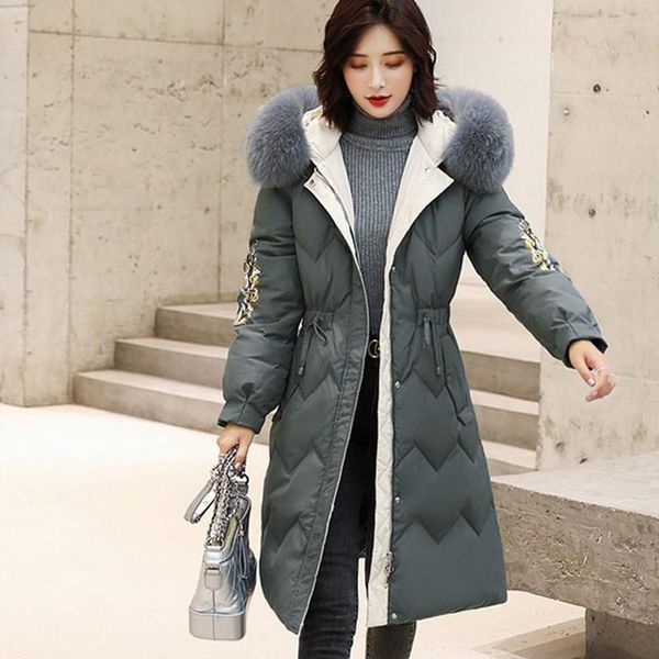 

меховой воротник длинные вниз paaded куртка свободного покроя с капюшоном утка вниз ветровки пальто вышивка цветочные paaded теплый снег вер, Black