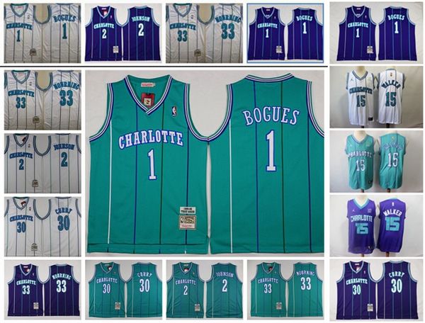 

Vintage Mens 1 Tyrone Muggsy Bogues White Retro Jersey Charlotte Hornets Dell Curry Larry Johnson Kemba Walker Alonzo Траурные Майки