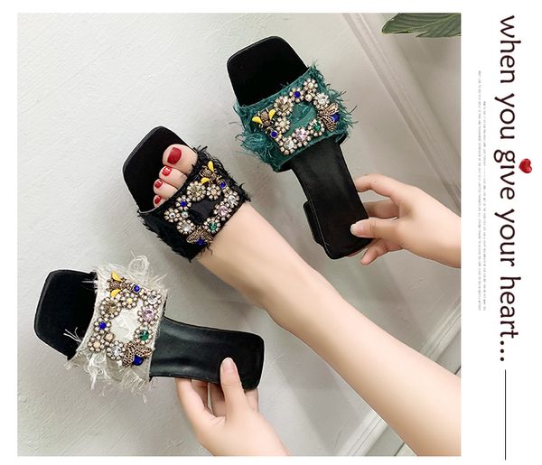 

slippers 2021 designer thick square heel open toe female colorful crystal galdiator shoes summer woman, Black