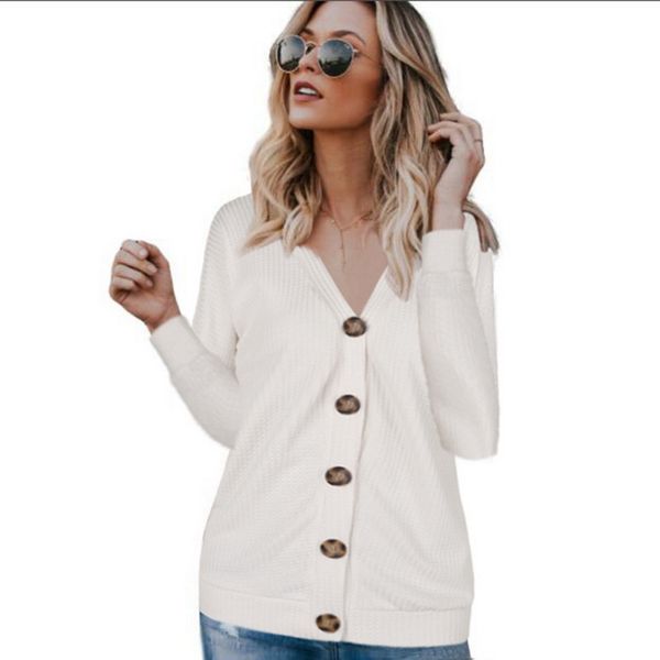 

womens knit sweater cardigan outwear tunic v neck button design blouse loose fitting sweater shirts 2019 new, White