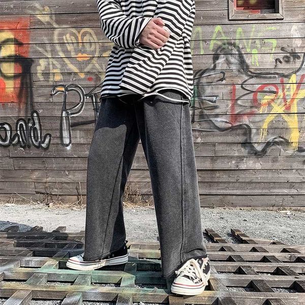 

men's trousers autumn and winter 2019 new slimming pure color wool edge straight pants loose casual fashion youth men's wear, Black