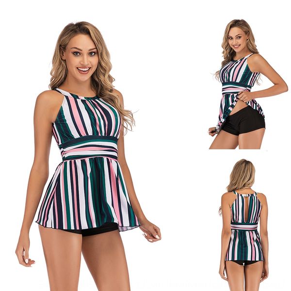 

2019 plus fertilizer plus size striped swimsuit split flat angle conservative skirt lady swimsuit, White;black