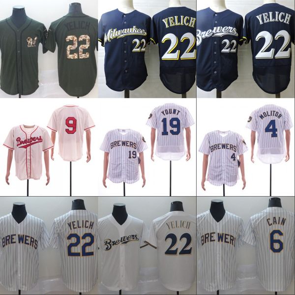 

#22 Christian Yelich Brewers Jersey Milwaukee 6 Lorenzo Cain 4 Paul Molitor 19 Robin Yount 9 Segura 1948 Retro Baseball Jerseys