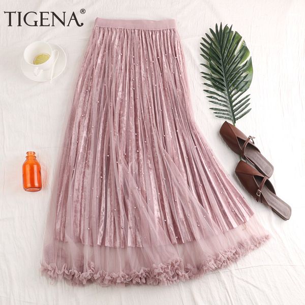 

tigena fashion beading tulle velvet skirt women 2019 spring elegant long maxi skirt female high waist pleated girls pink, Black