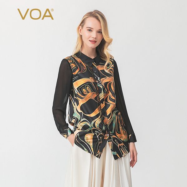 

voa 28mm silk weight satin printing black impact material splicing pointed collar mesh medium-long micro-elastic shirt b9196, White