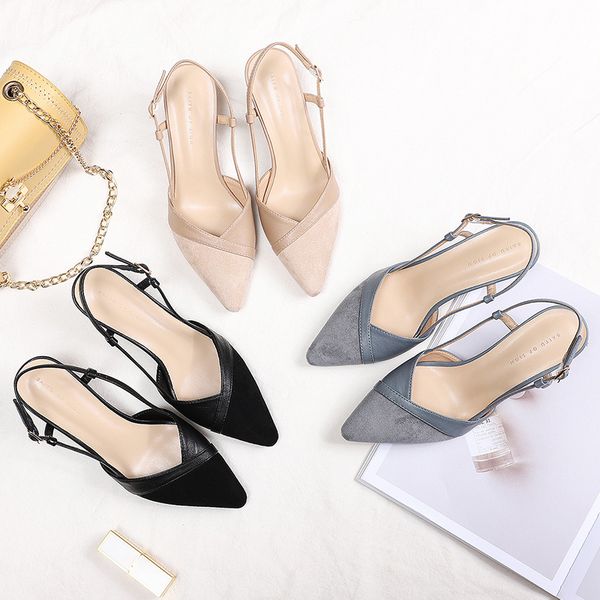 

2020 shoes woman slingbacks thin high heels pointed toe pumps office lady career faux suede leather elegant solid sandals t200525, Black