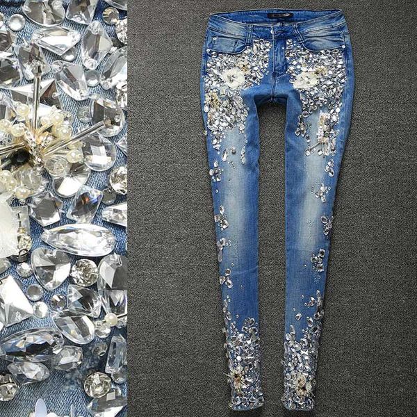 

women's jeans brand women luxury rhinestones diamond leggings denim pants skinny stretch plus size pencil slim vintage trouser, Blue