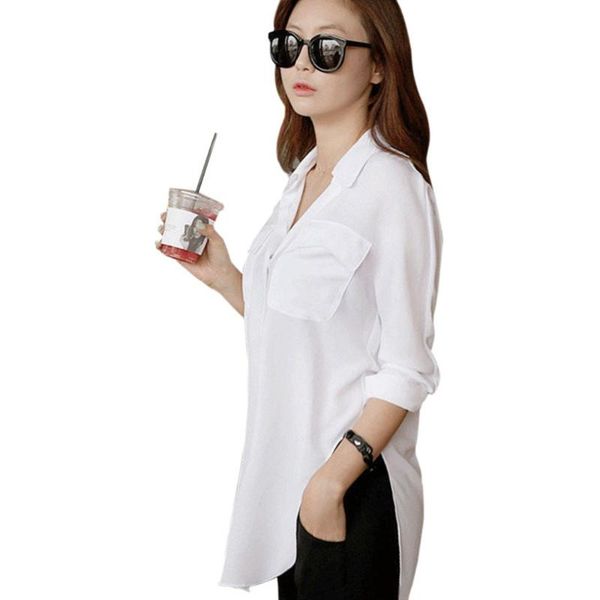 

2019 fashion women lady chiffon blouse solid pockets long sleeve tee shirt 2 colors, White