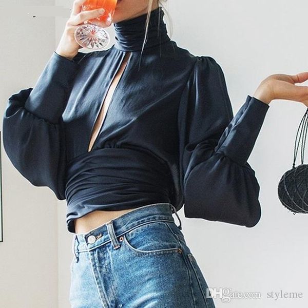 

марка дизайнер женщина шелк night out crop top 2018 spring summer fashion сатин высокого вырез рубашка фонарики рукав backless коктейль блуз, White