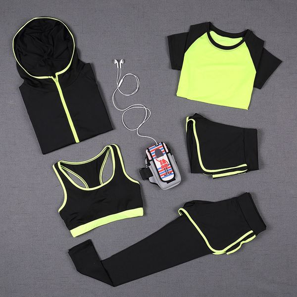 

5 pcs women yoga set for running t-shirt sports bra vest fitness pants short sleeve shorts pant gym workout sports suit set, White;red