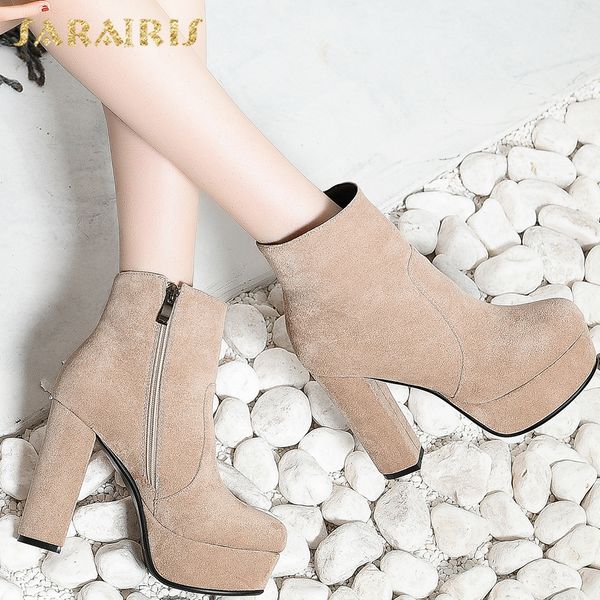 

sarairis flock platform ankle boots woemn high heels platform ankle boots for women round toe autumn winter shoes, Black