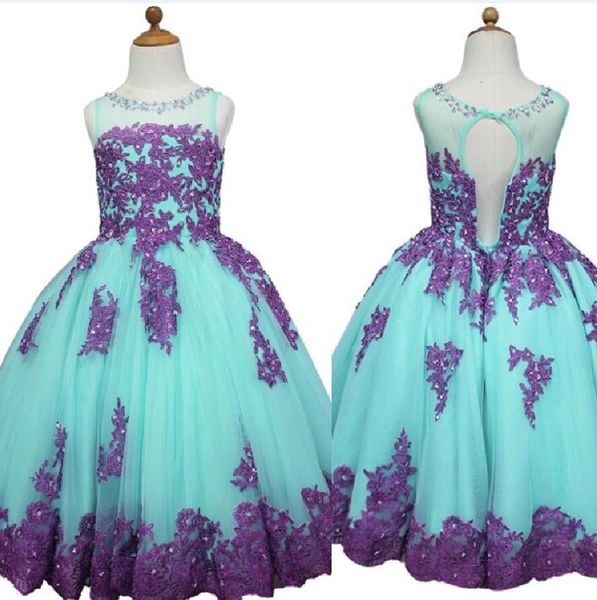 

princess ball gown lace flower girls dresses sky blue skirt purple lace applique kids formal wear puff brithday party gowns tutu skirt, White;blue