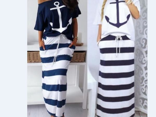 

women two piece sets boat anchor print t-shirt & striped skirt sets ankle-length fashion street wear casual maxi striped skirts y190923, Black;white