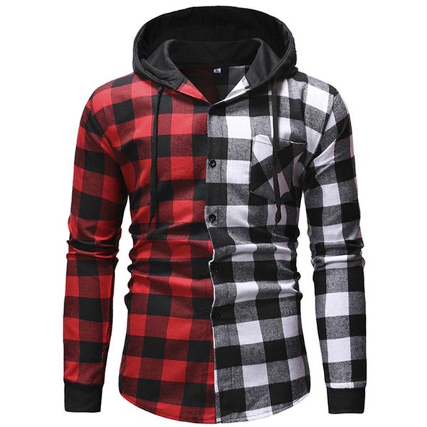 

2020 fashion new men's casual long sleeve lattice color-block stitching shirt / men's hooded shirt, White;black