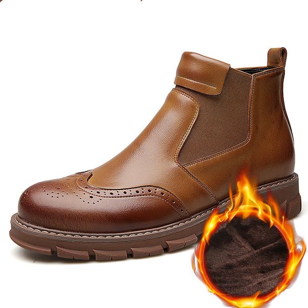 

short plush, sleeve foot men's boots first layer cowhide warm snow boots fashion trend leather, Black