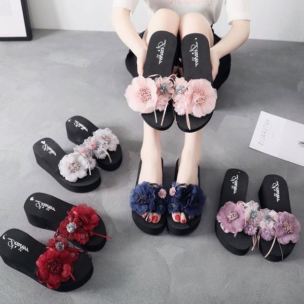 

fashion flower word drag female 2019 new thick bottom beach slippers, Black