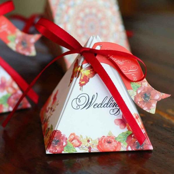 

50pcs/lot wedding candy box with ribbon triangular gifts boxes candy chocolate packing gift box party supplies drop shipping
