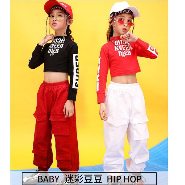 

children hip hop clothing sweatshirt high neck crop casual pants for girl jazz dance costume ballroom dancing clothes wear, Black;red