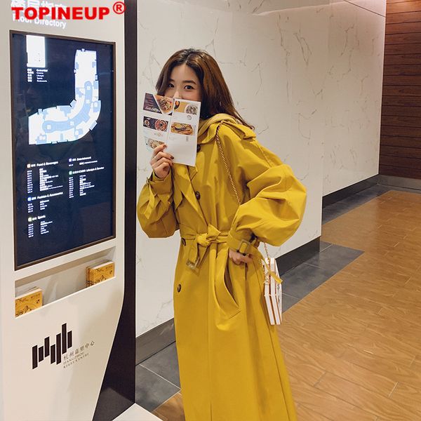 

loose double-breasted windbreaker ginger yellow casual long sleeve warm women outerwear solid color with belt, Tan;black