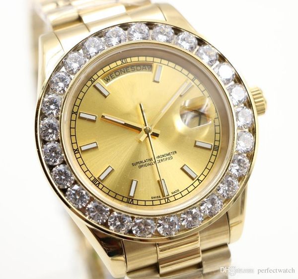 

2020 mens watch big diamond gold face full stainless steel original strap automatic movement mens watches, Slivery;brown