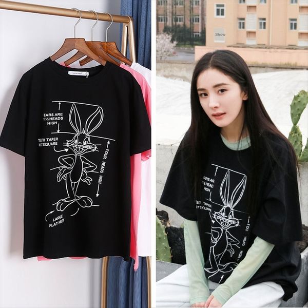 

yang mi 2020 summer personalized rabbit front and back printing loose cotton short-sleeved couple t-shirt fashion, White