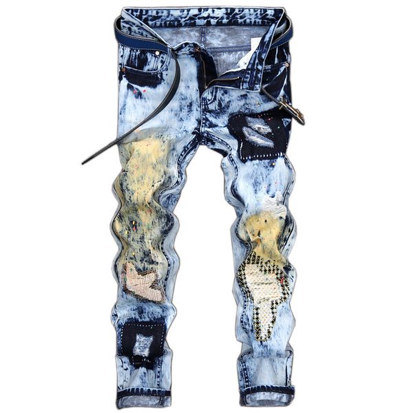 

gersri plus size jeans men slim hole patch patchwork straight men's fashion design male jean cool pants, Blue