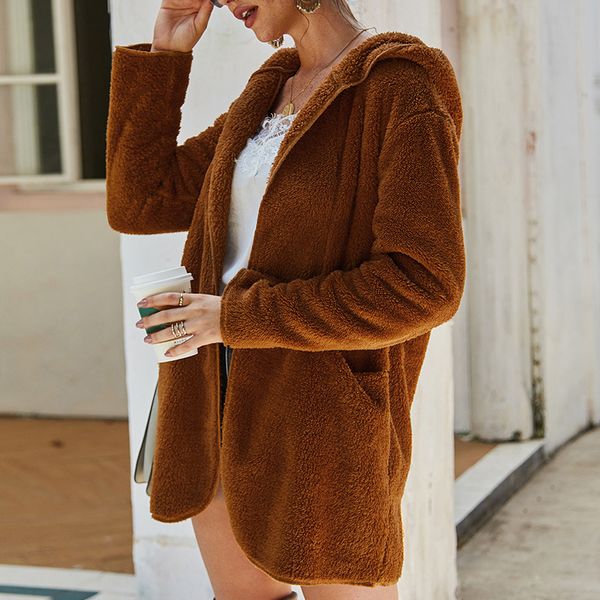 

new ladies faux fur coat fashion women cardigans autumn winter long sleeve solid hooded fur outwear pocket slim jacket hoody, Black