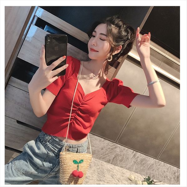 

летом 2019 сексуальные uncollarbone v-образным вырезом с короткими рукавами трикотажные футболки женский тонкий и осторожно красное основани, White