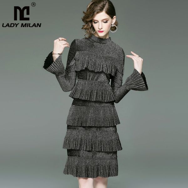 

new arrival 2019 women's o neck long flare sleeves tiered ruffles high street fashion designer runway dresses, Black;gray