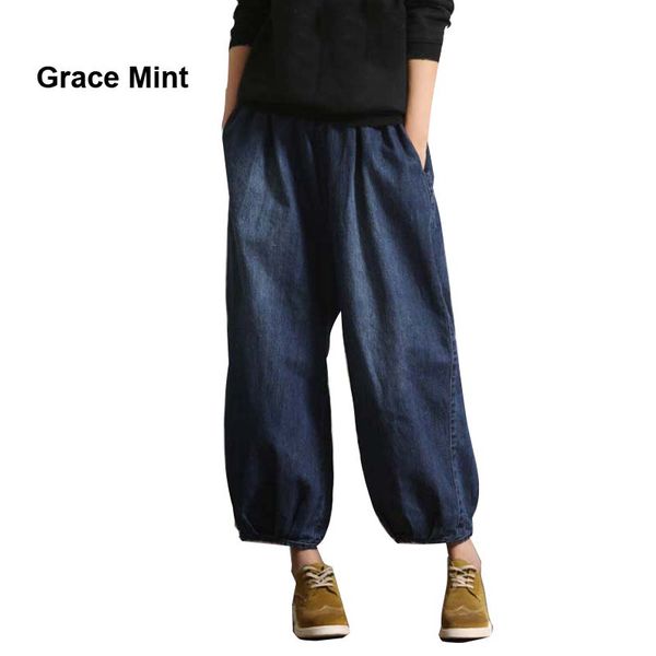 

весна new сыпучие повседневные джинсы эластичный пояс vintage хлопок blue jeans wide leg bloomers capris женщины