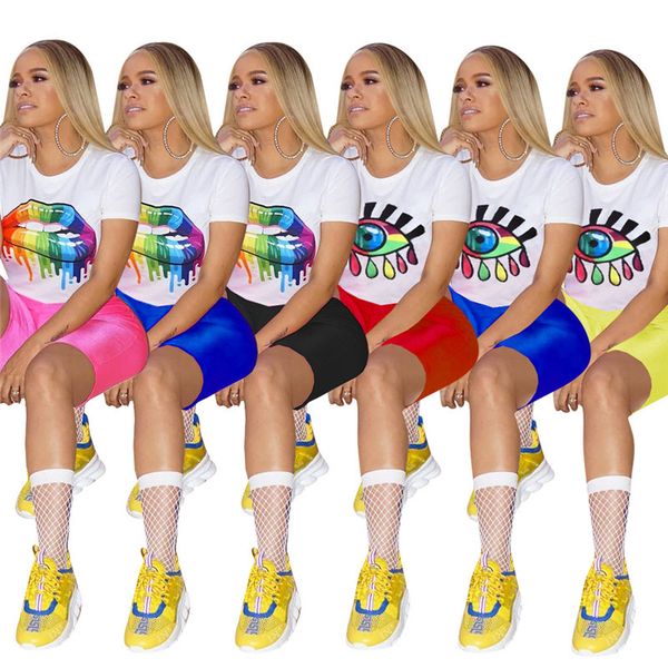 

Women big lip eye print track uit t hirt hort pant 2pc et ummer port uit ladie 2 piece outfit port wear gym clothe a32701