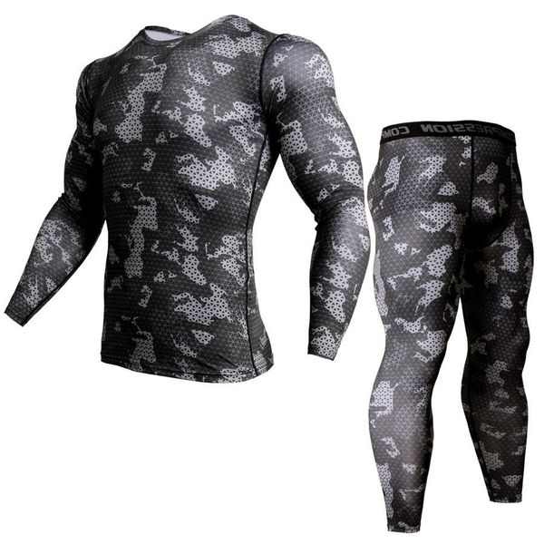 

3d t-shirt compression set men running jogging suits fitness sports sets long sleeve shirt and pants gym workout tights, Black;blue