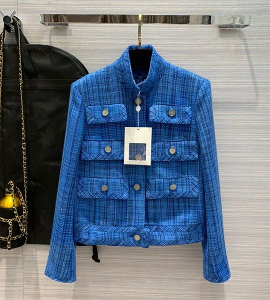 

european and american women's wear 2020 summer new style long - sleeved stand collar single - breasted multi - pocket plaid blue tweed, Black