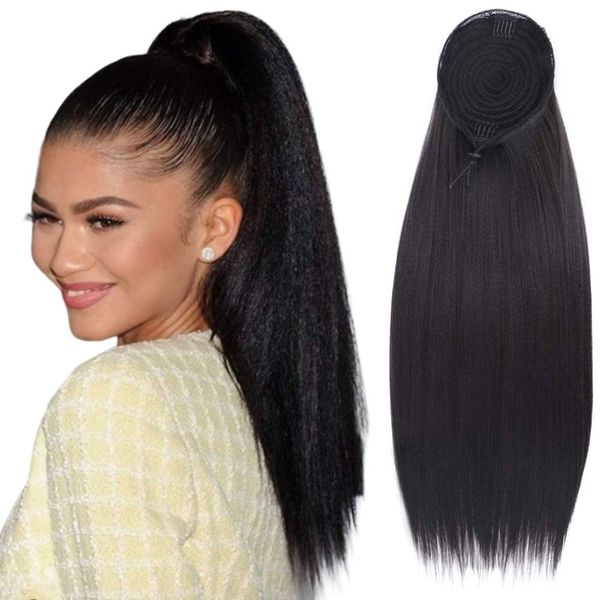 

18inch medium long black human hair drawstring ponytails for black women afro kinky straight ponytail human hair140g